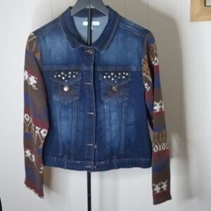 Studded Denim Jacket with Patterned Sleeves